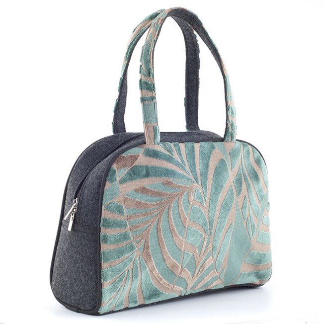 Handbag with palm motif in sea-green, combined with felt
