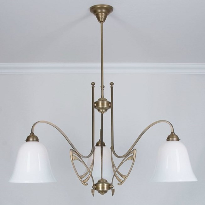 Victor Horta 3-Light Chandelier Elegance with bell-shades glass lampshades