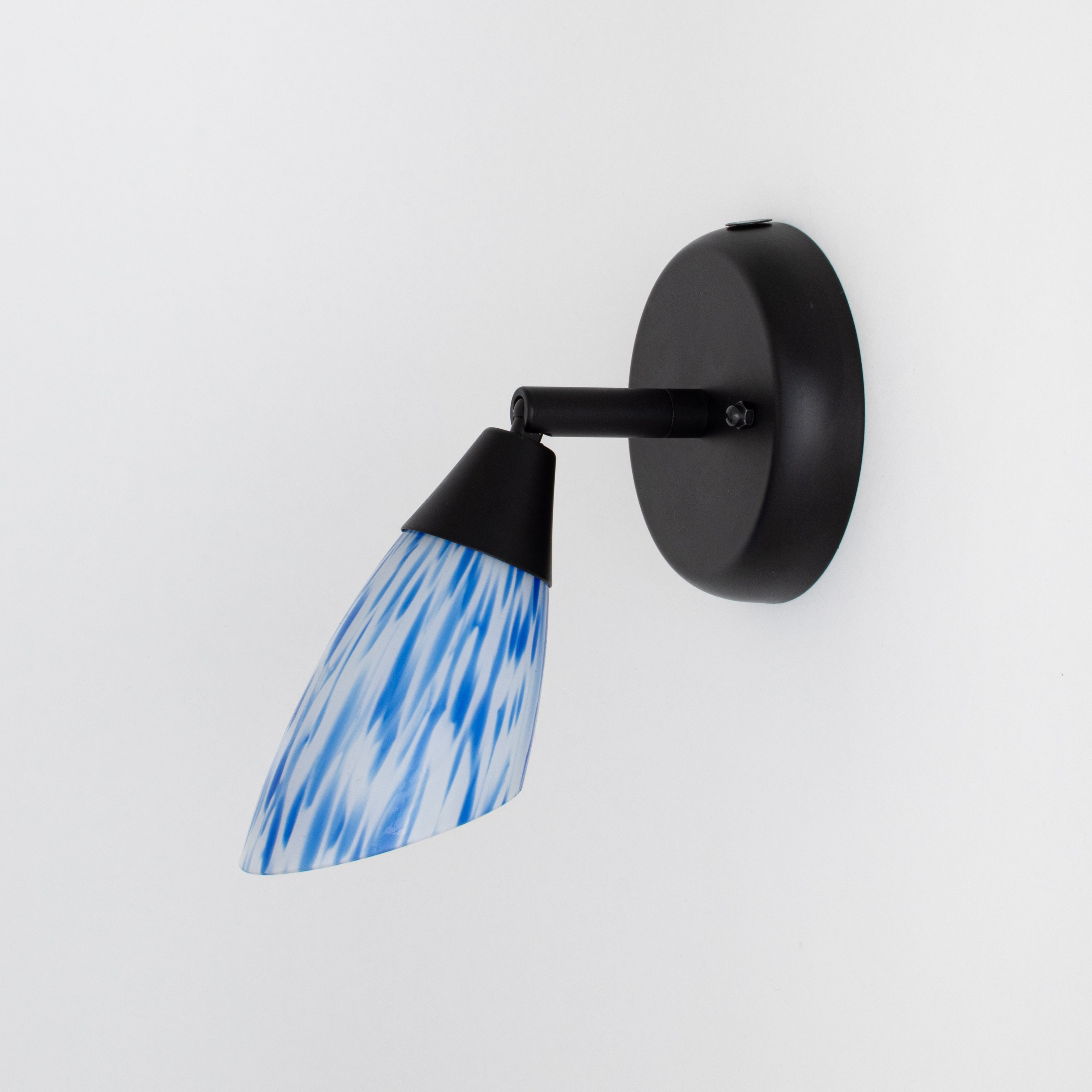 Black wall spotlight with hinge and blue spotted glass shade
