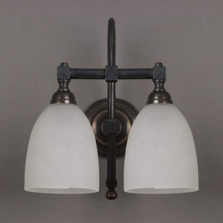 Bathroom wall lamp with bronze armature and etched glass shades