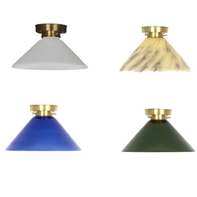 Overview ceilinglamp Cono with opal, marble, blue, yellow or green glass